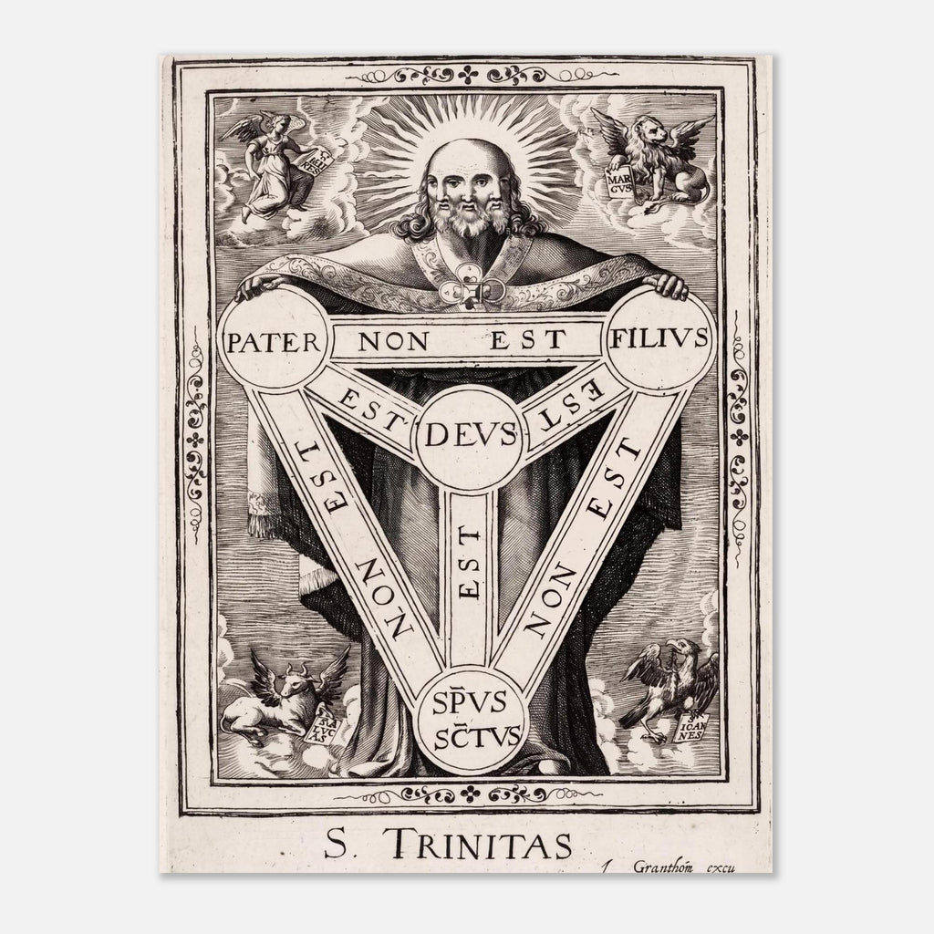 Vintage Holy Trinity Engraving Print Antique Three Faced God Wall Art Occult Sacred Diagram Poster Sacred Medieval Icons