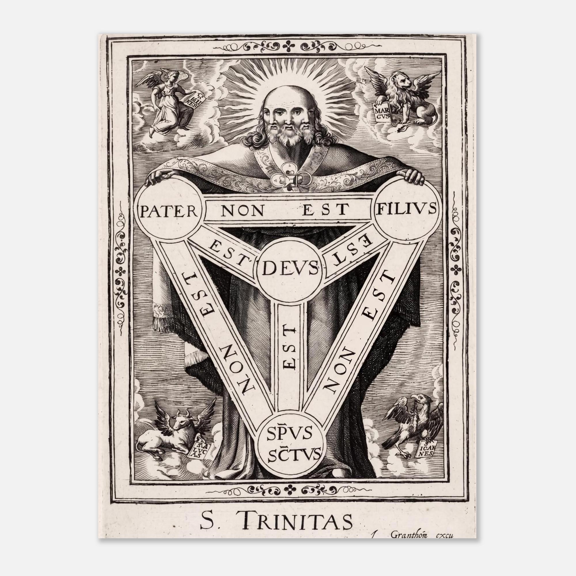 Vintage Holy Trinity Engraving Print Antique Three Faced God Wall Art Occult Sacred Diagram Poster Sacred Medieval Icons