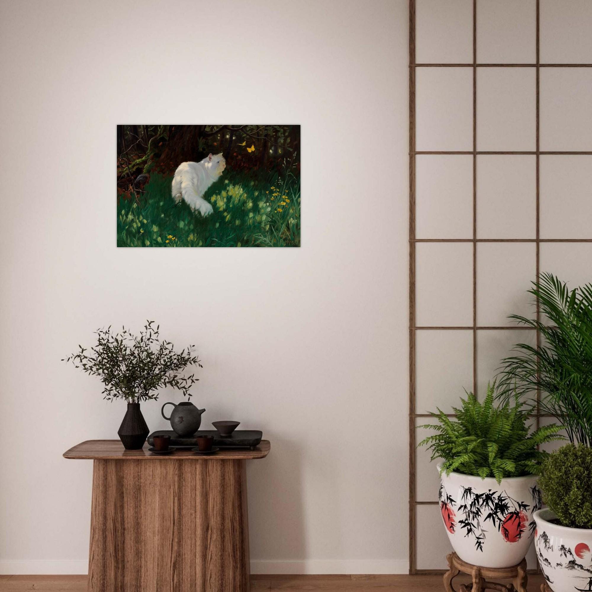Vintage White Cat Painting Art Print Arthur Heyer Butterflies Wall Decor Cottagecore Feline Poster Gift Animals Creatures