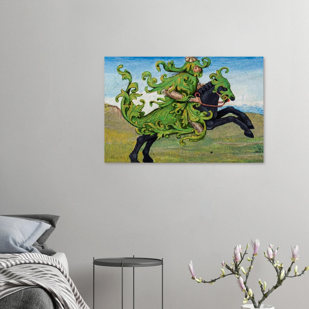 Green Knight Medieval Art Print | Sir Gawain Manuscript Illumination | Dark Academia Wall Art | Mythical Folio Foliage Knight