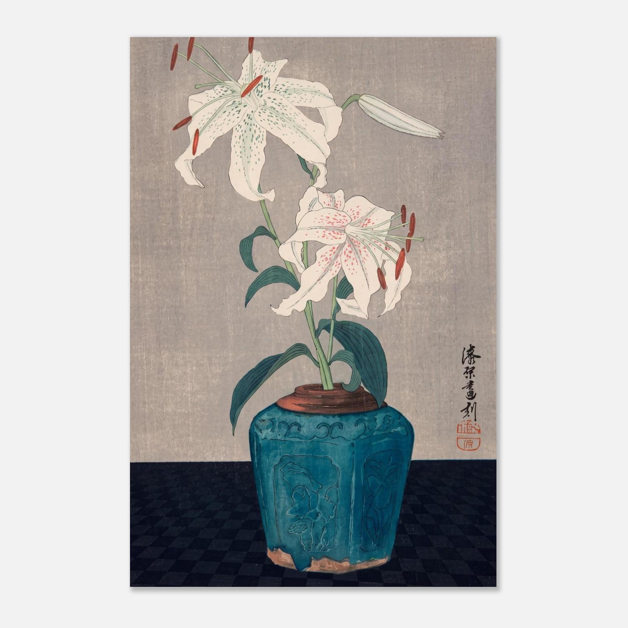 Japanese Woodblock Lily Print Vintage Kachoe Floral Wall Art Antique White Flower Poster Still Life Zen Decor Woodblock and Asian Art