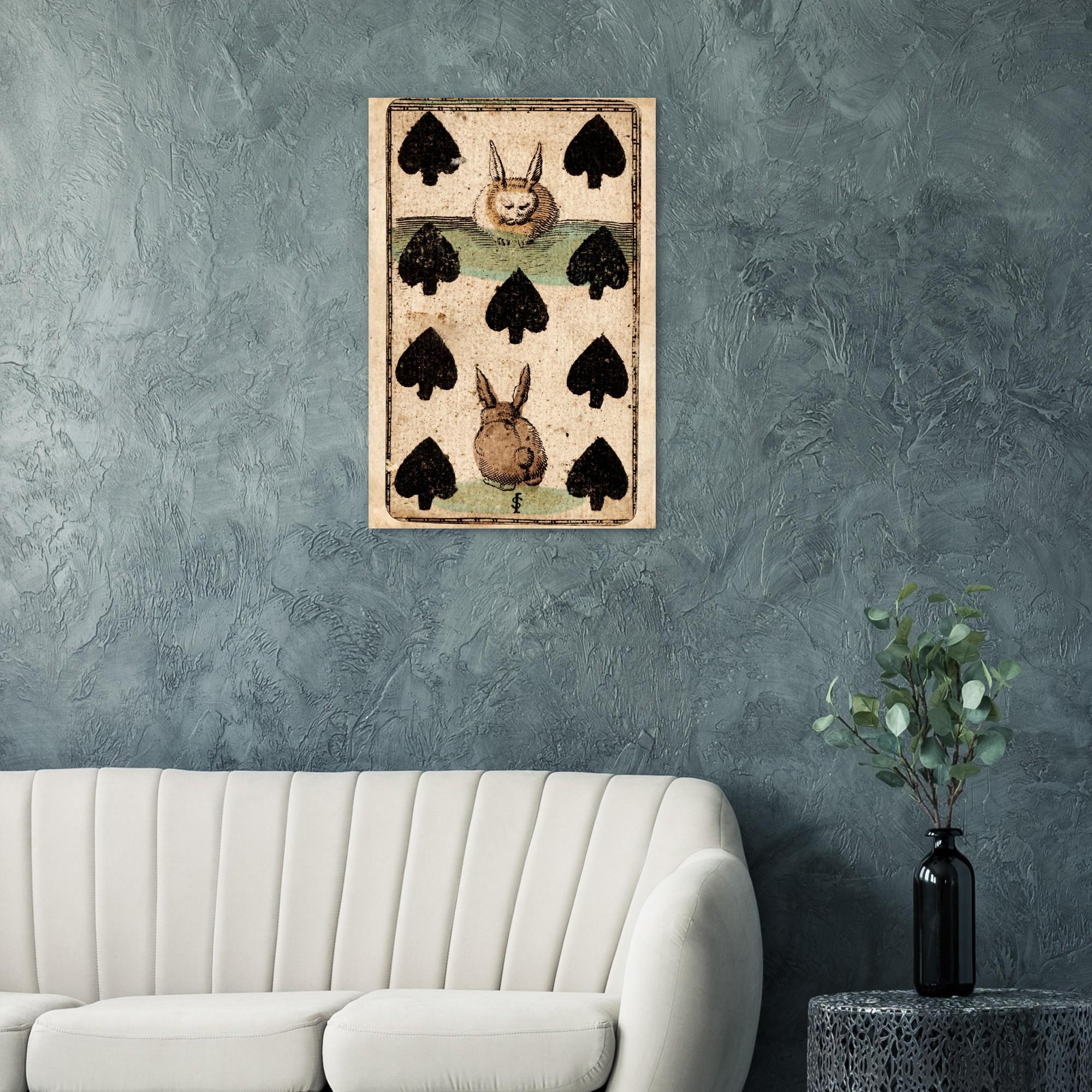 Antique Rabbit Transformation Playing Card Print Whimsical Nine of Spades Art 1811 Cowell Vintage Animal Wall Art Animals & Creatures