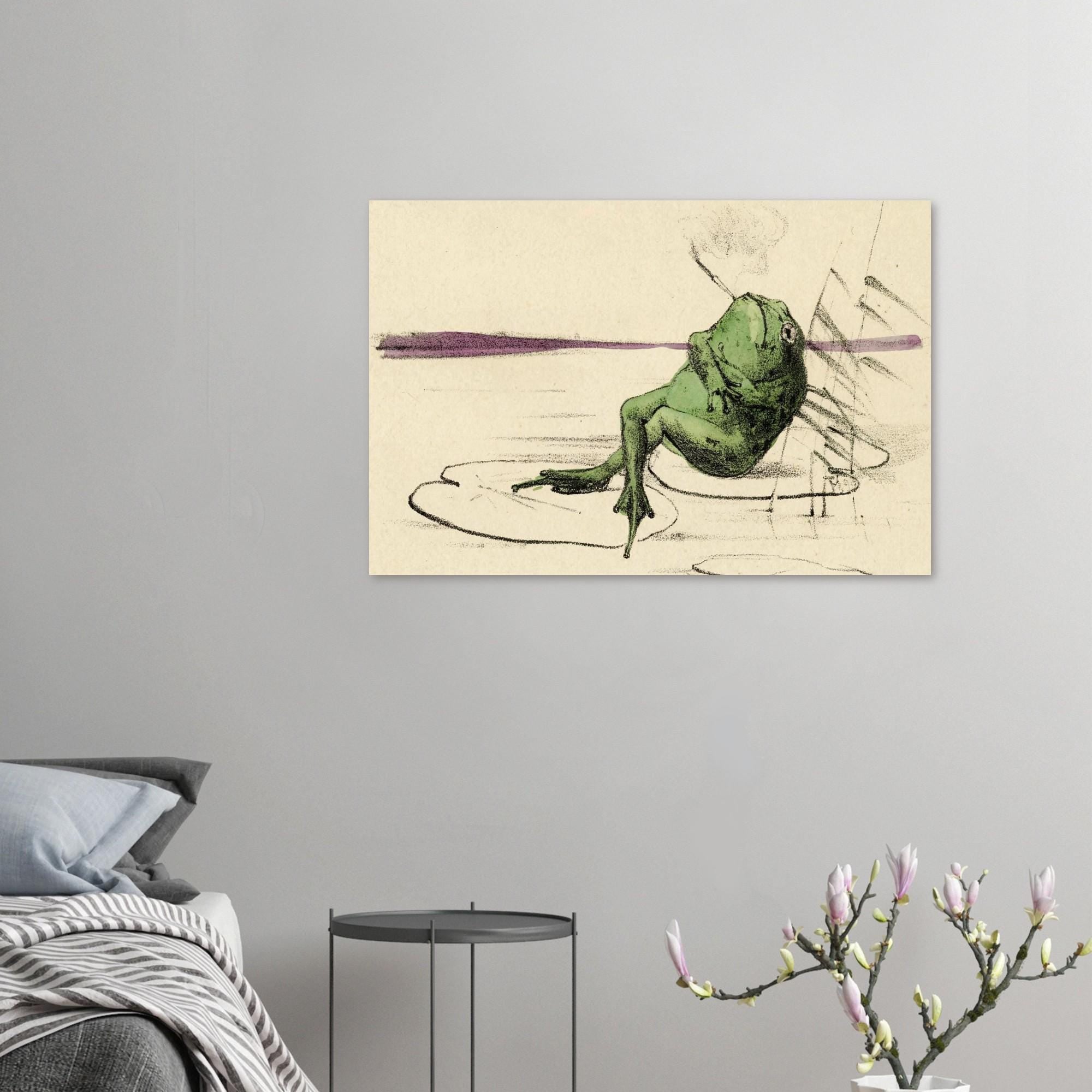 Reclining Frog Smoking Pipe Art Print | Victorian Whimsical Animal Wall Art | Dark Academia Decor | Vintage Toad Illustration