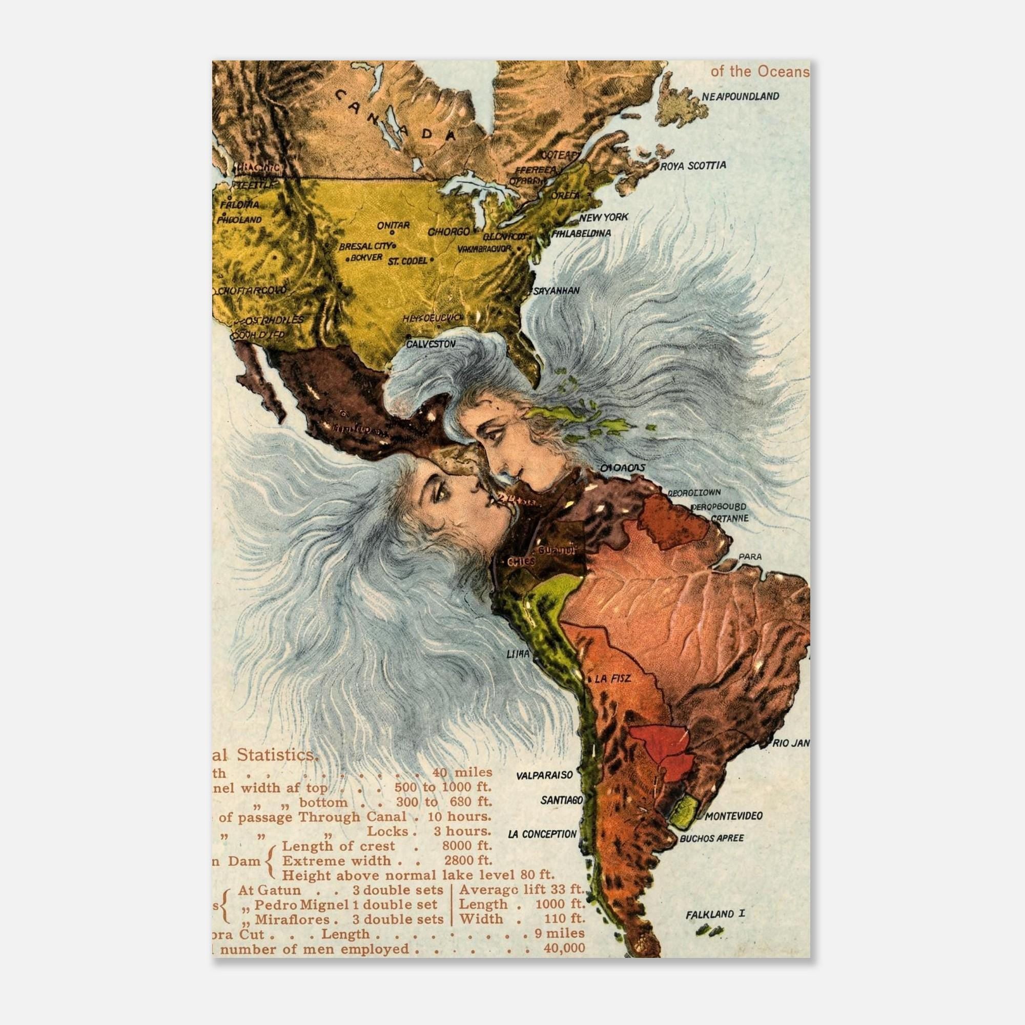 The Kiss of the Oceans Panama Canal Map Art Print | Vintage Allegorical Wall Decor | Antique Historical Poster | Nautical Map Gift
