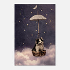 Vintage Whimsical Cat Art Print Antique Kitten in Flying Basket with Umbrella and Stars Black and White Wall Art Animals & Creatures bb984