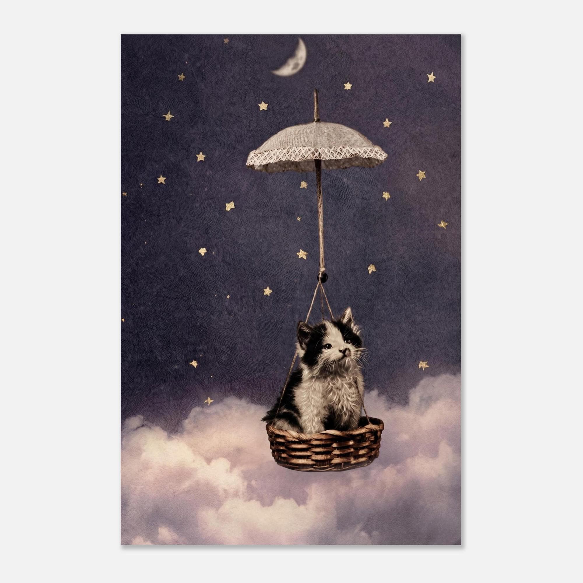 Vintage Whimsical Cat Art Print Antique Kitten in Flying Basket with Umbrella and Stars Black and White Wall Art Animals & Creatures bb984