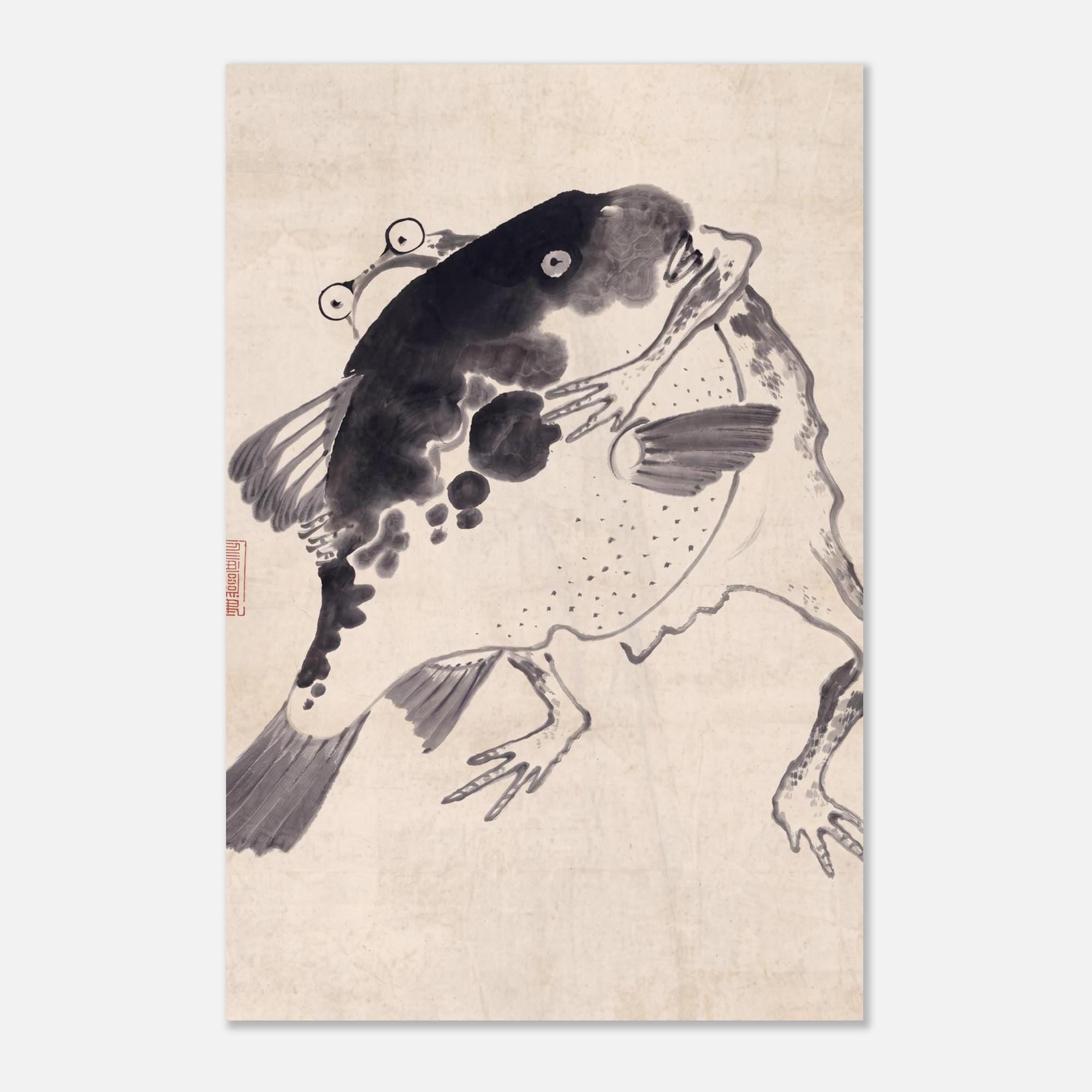 Nagasawa Rosetsu Pufferfish and Frog Art Print Japanese Sumi e Ink Painting Minimalist Animal Wall Decor Woodblock and Asian Art