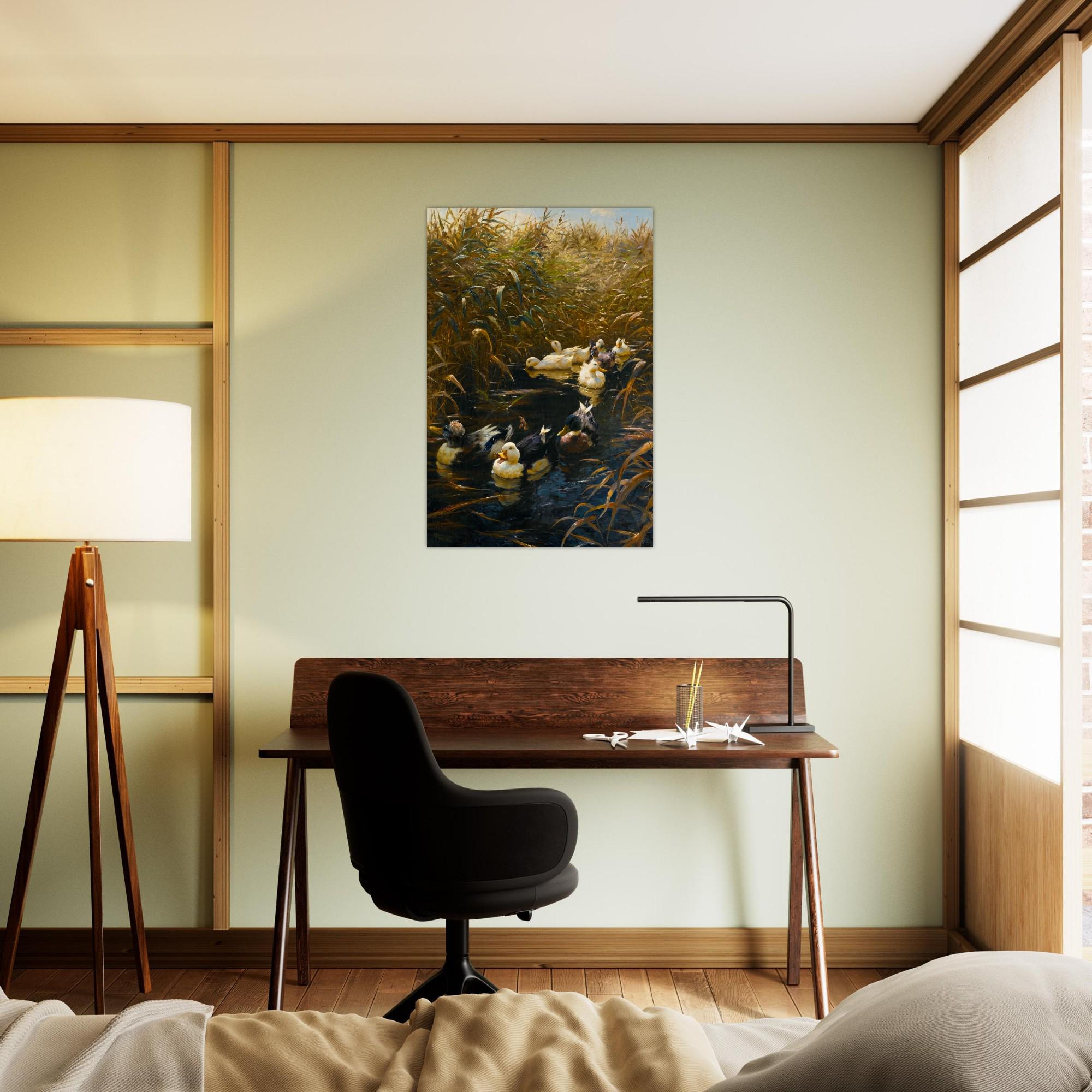 Vintage Mallard Duck Oil Painting Print Antique Nature Pond Scene Moody Country House Wall Decor Poster Animals Creatures