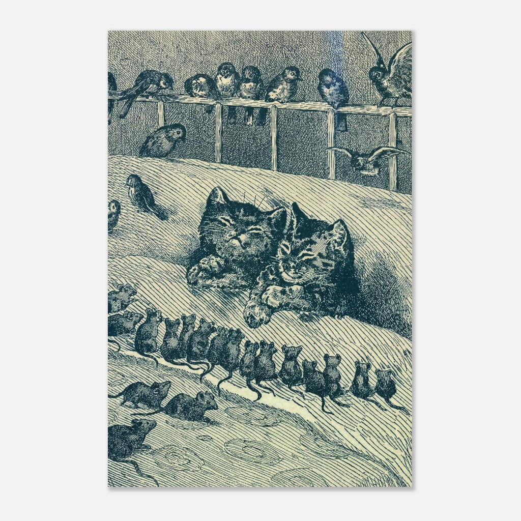 Victorian Cat Print | Antique Animal Engraving | Whimsical Nursery Wall Art | The Happy Family Cats Mice Birds Decor