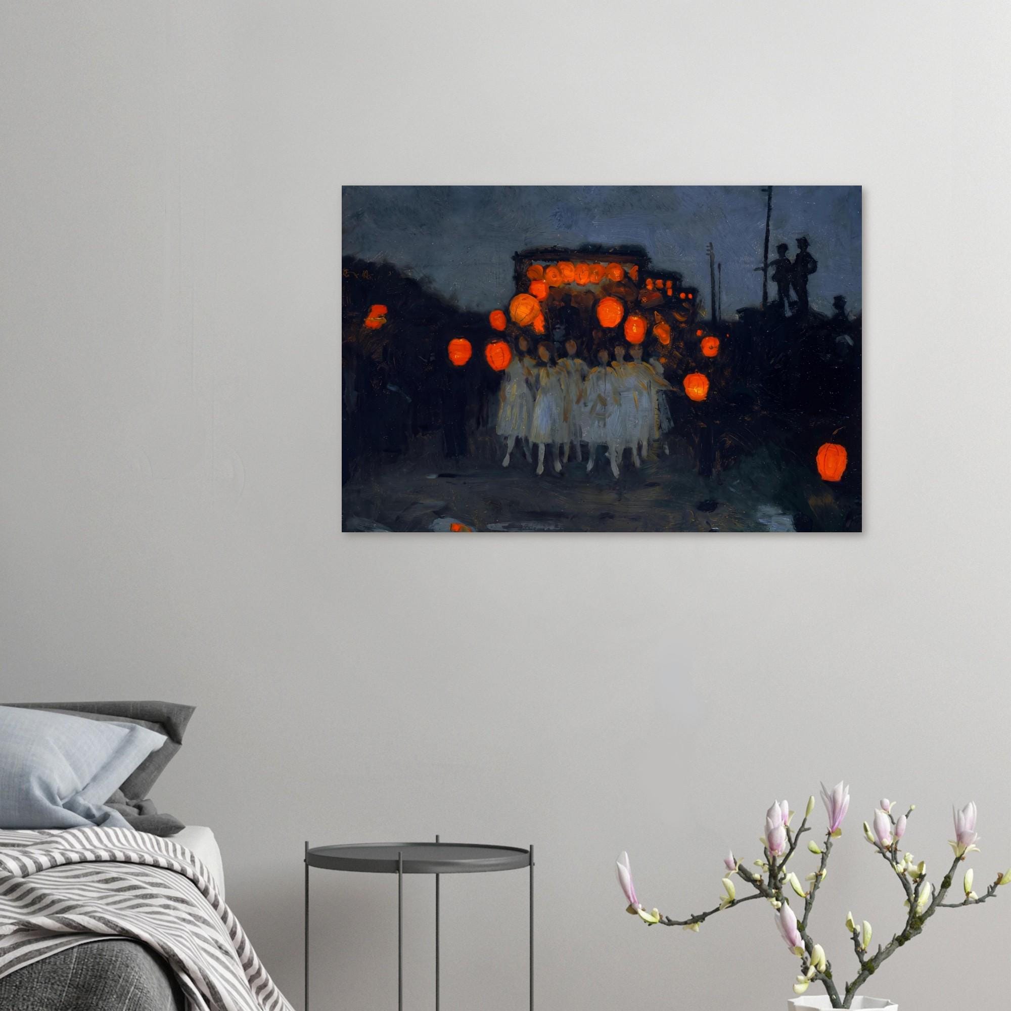 Moody Vintage Lantern Parade Art Print | Dark Academia Wall Art | Night Procession Oil Painting | Victorian Impressionist Decor
