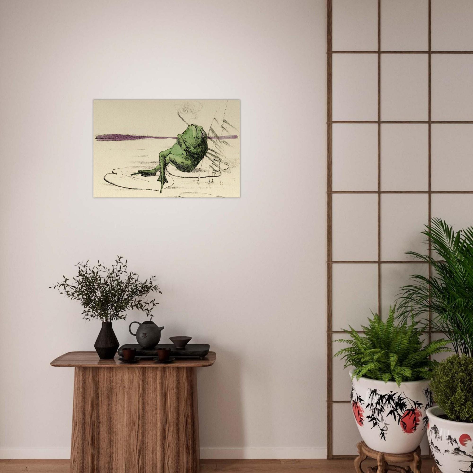 Vintage Smoking Frog Art Print Whimsical Green Frog on Lily Pad Illustration Moody Animal Wall Decor Art Nouveau Vintage