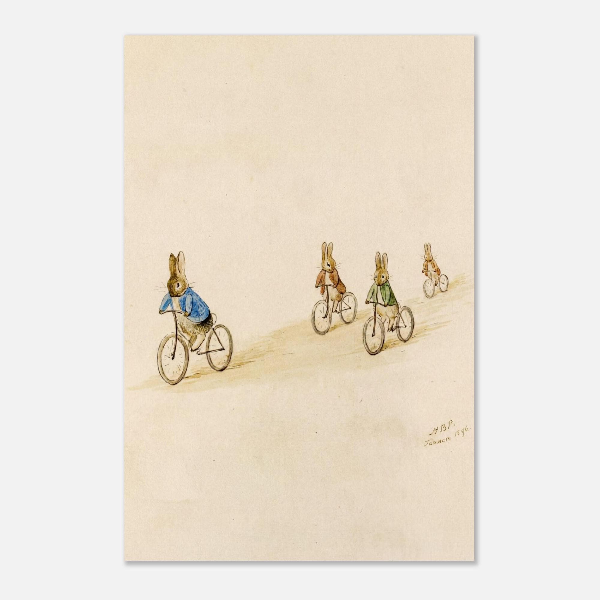 Beatrix Potter Rabbits on Bicycles Art Print | Vintage Nursery Wall Art | Antique Bunny Illustration | Baby Boy Room Decor | Unframed