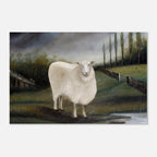 Primitive Folk Art Sheep Painting Print Antique English Country House Animal Portrait Moody Landscape Wall Art Folk Naive Art