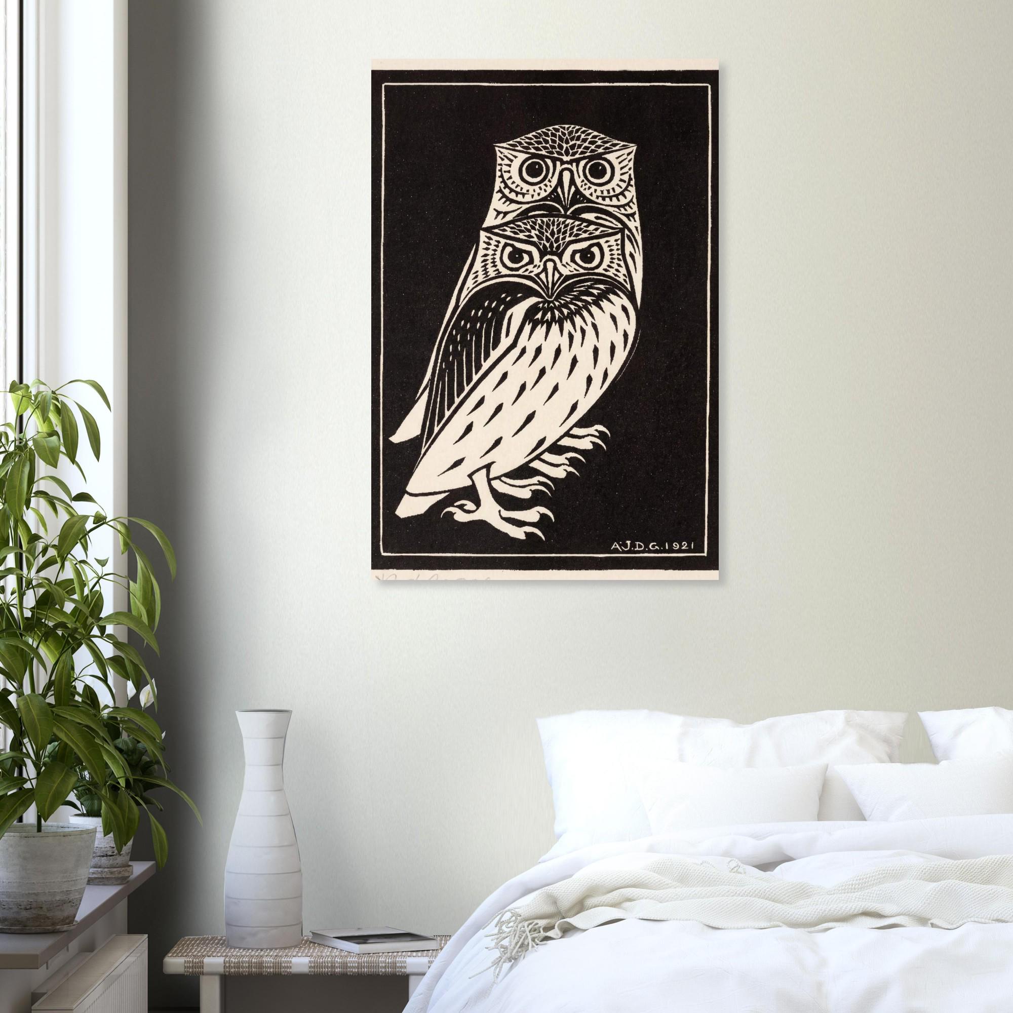 Two Owls by Julie de Graag Fine Art Print, Vintage Owl Art, Craftsman Decor, Antique Woodcut, Bird Wall Art, Animal Artwork, Black