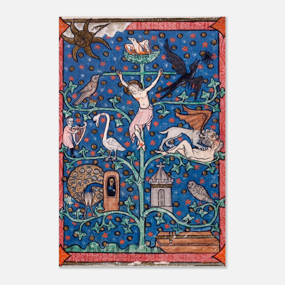 Antique Medieval Manuscript Art Print Illuminated Tree Of Life With Symbolic Animals Macabre Dark Academia Decor Myth Symbolism
