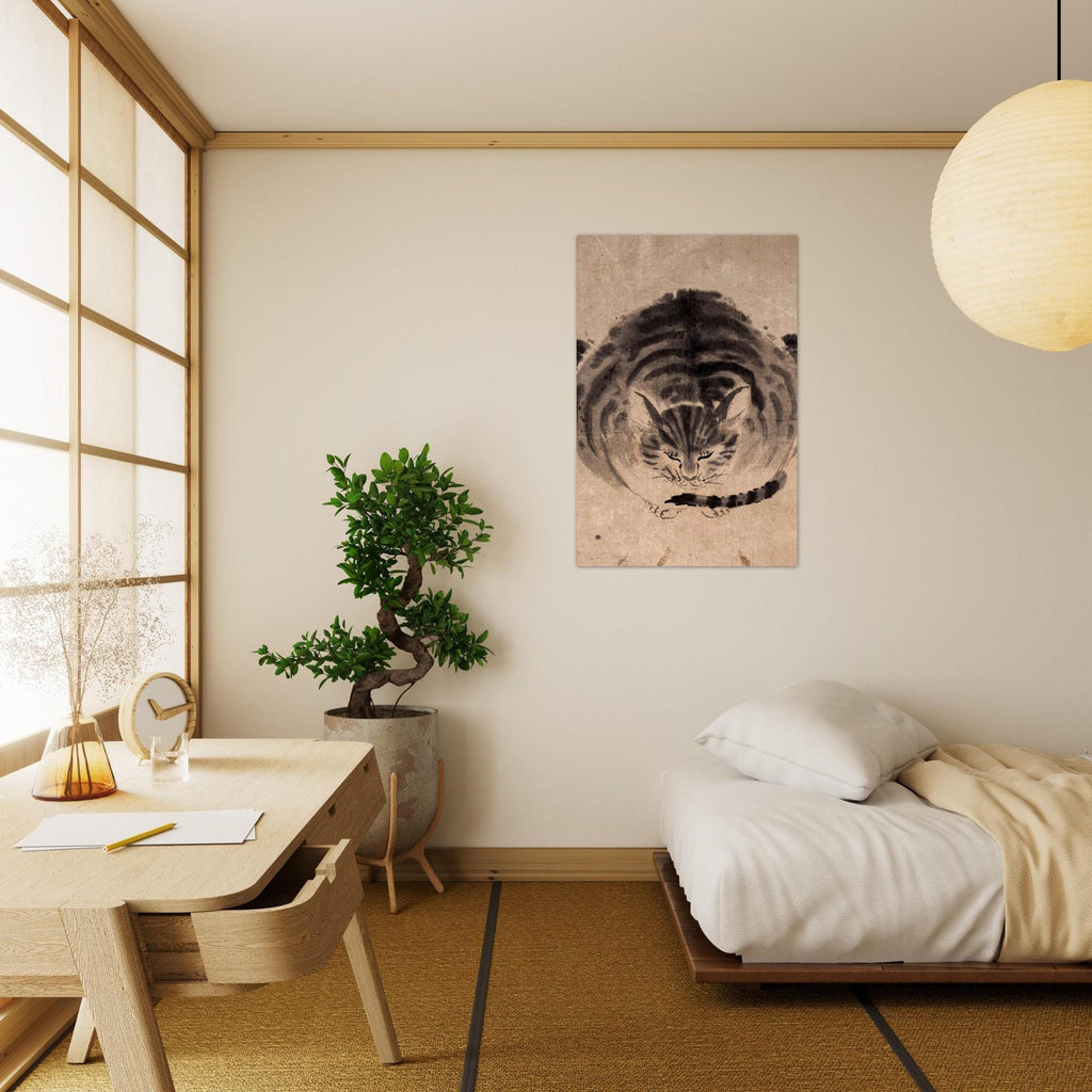 Vintage Japanese Sleeping Tiger Ink Wash Print Antique Zen Cat Sumi e Art Painting Minimalist Monochrome Woodblock Asian Art