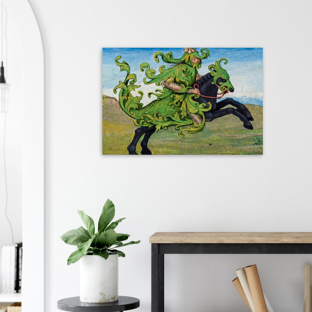 Green Knight Medieval Art Print | Sir Gawain Manuscript Illumination | Dark Academia Wall Art | Mythical Folio Foliage Knight