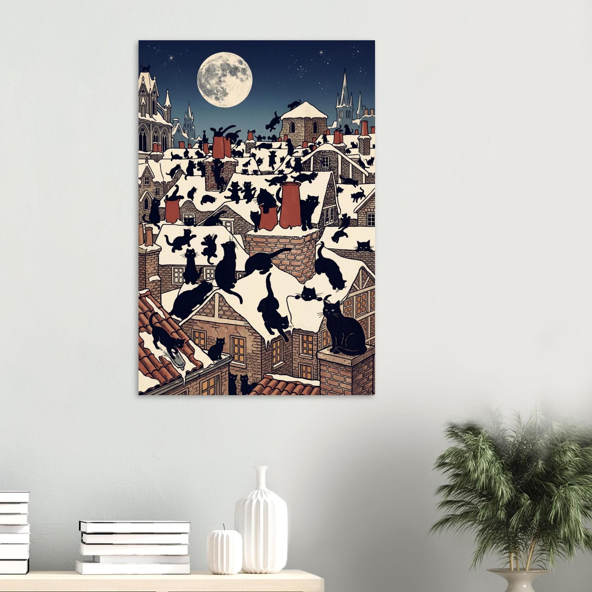 Vintage Black Cat Art Print Edwardian Rooftop Snowy Night Illustration Antique Christmas Feline Decor Art Nouveau & Vintage