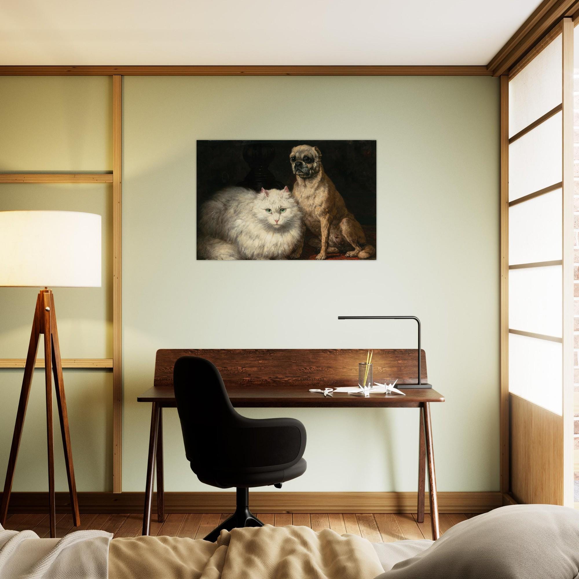 Henriette Ronner Knip Two Friends Cat and Pug Art Print Vintage Moody Animal Portrait Unframed Wall Decor Dark Academia Moody