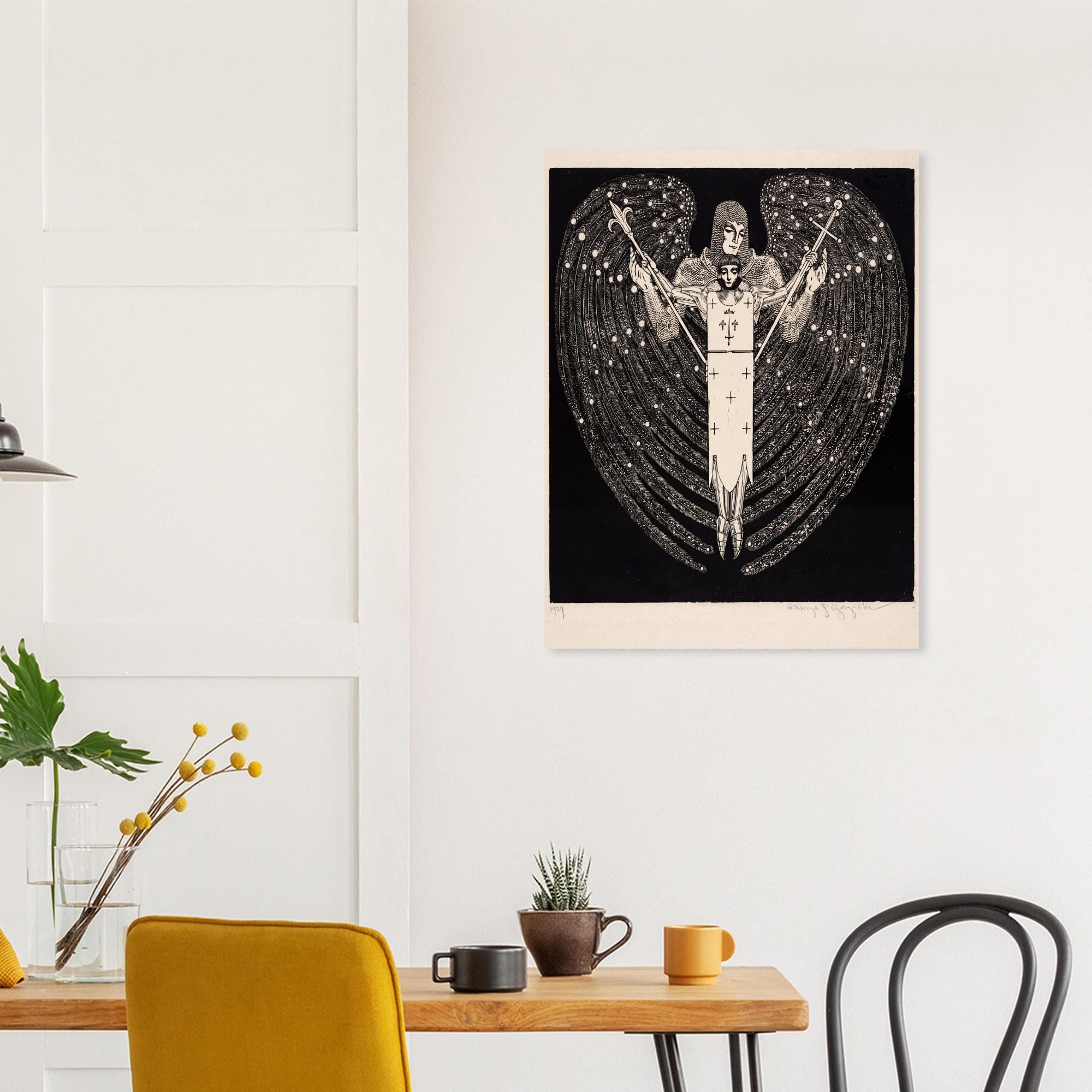Vintage Archangel Woodcut Print Gothic Angel Wall Art Antique Polish Black and White Celestial Knight Sacred Medieval Icons