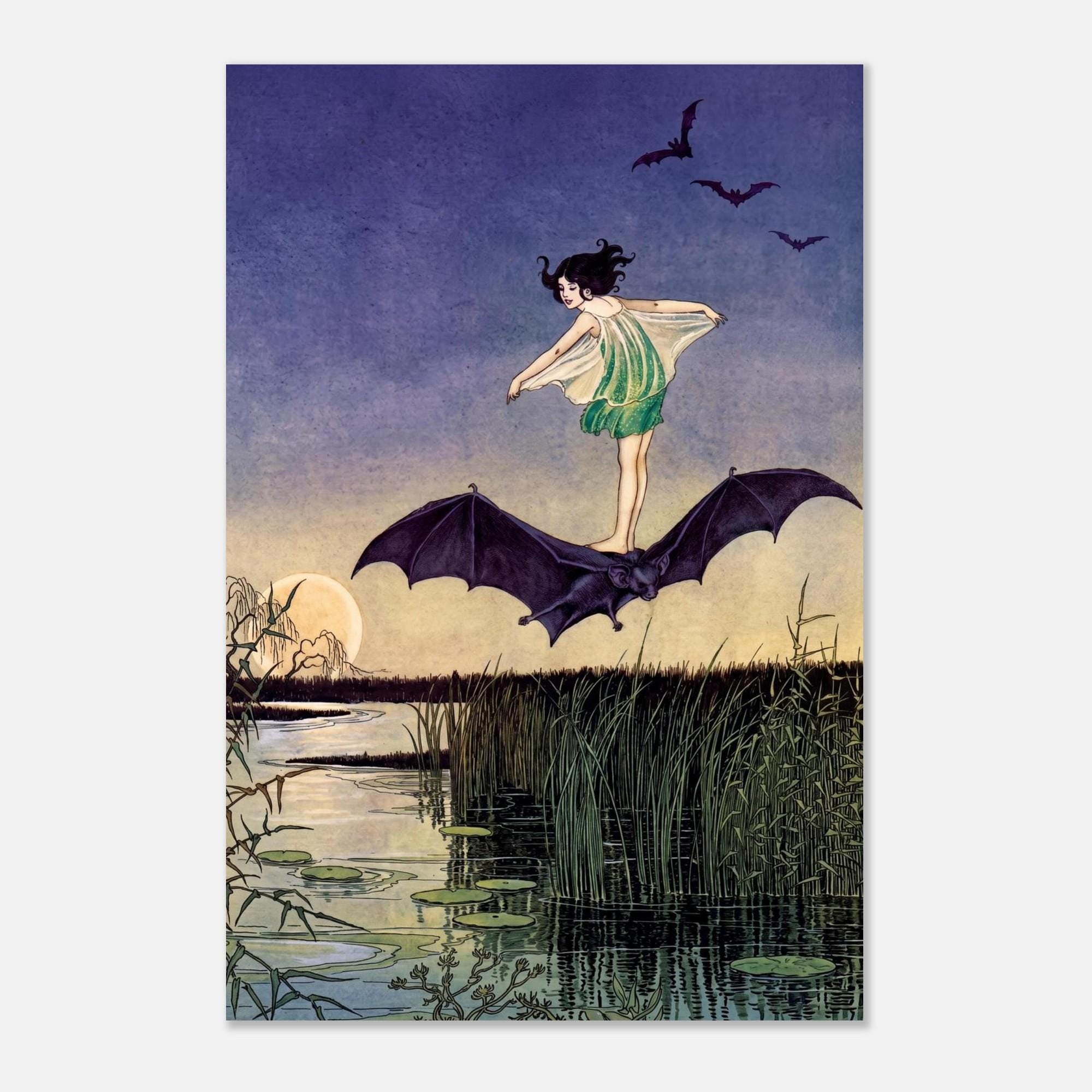 Ida Rentoul Outhwaite Fairy Riding Bat Art Print Vintage Fairytale Illustration Witchy Moonlit Wall Decor Art Nouveau Vintage
