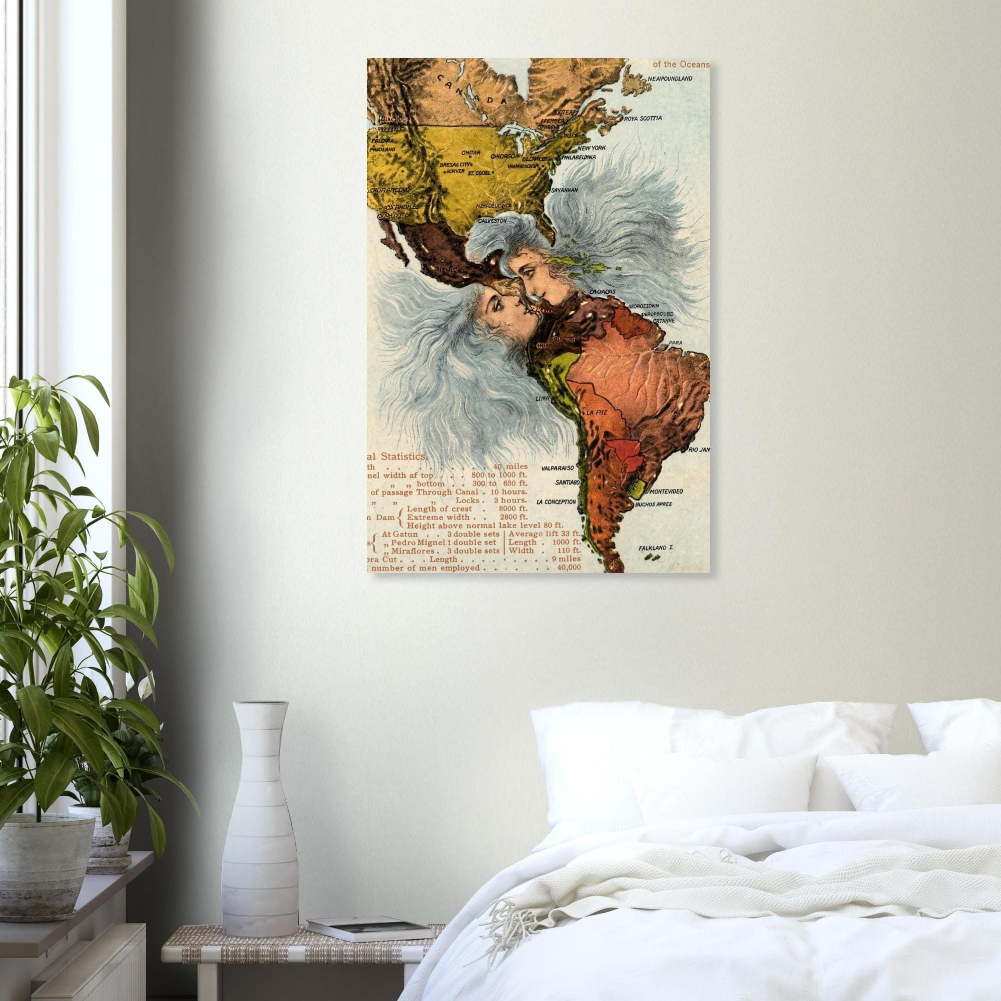 The Kiss of the Oceans Panama Canal Map Art Print | Vintage Allegorical Wall Decor | Antique Historical Poster | Nautical Map Gift