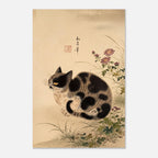 Vintage Japanese Woodblock Print Calico Cat with Purple Chrysanthemums Antique Asian Feline Wall Art Print Animals & Creatures HbBHJ
