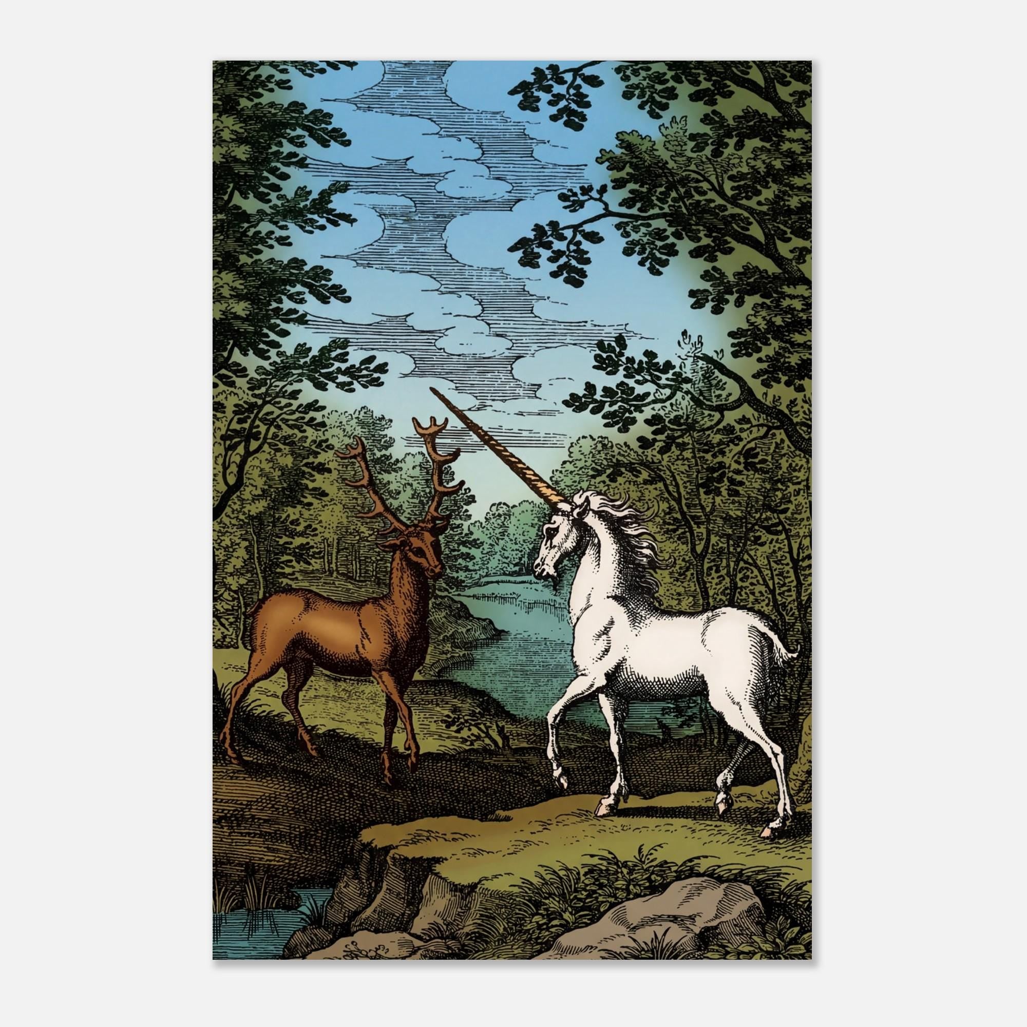 Vintage Unicorn and Stag Woodcut Alchemy Art Print Medieval Hermetic Illustration for Dark Academia Decor Myth & Symbolism