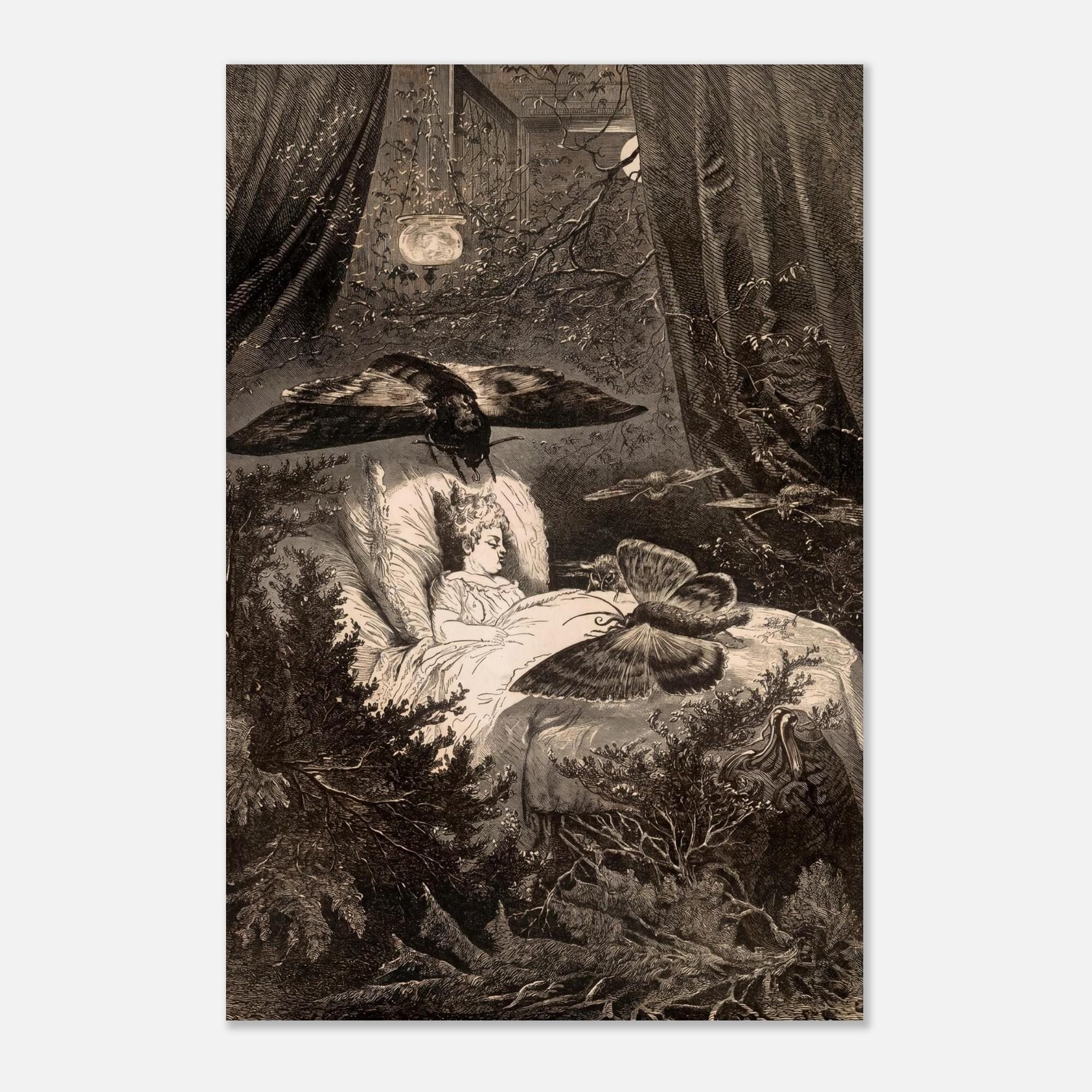 Vintage Moth Art Print Gothic Sleeping Woman Antique Engraving Dark Academia Wall Decor Mystical Victorian Fantasy Dark Fantasy Macabre