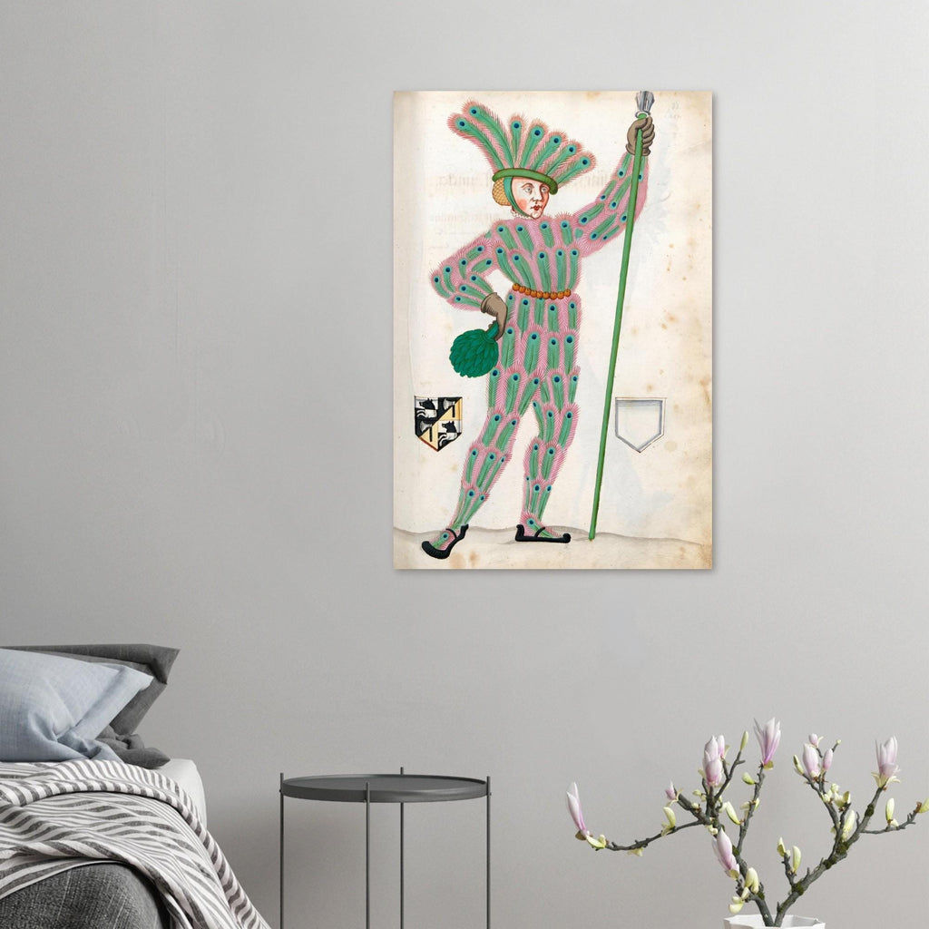 Medieval Peacock Man Wall Art Renaissance Manuscript Print Quirky Vintage Nuremberg Carnival Costume Eccentric Portraits & Figures