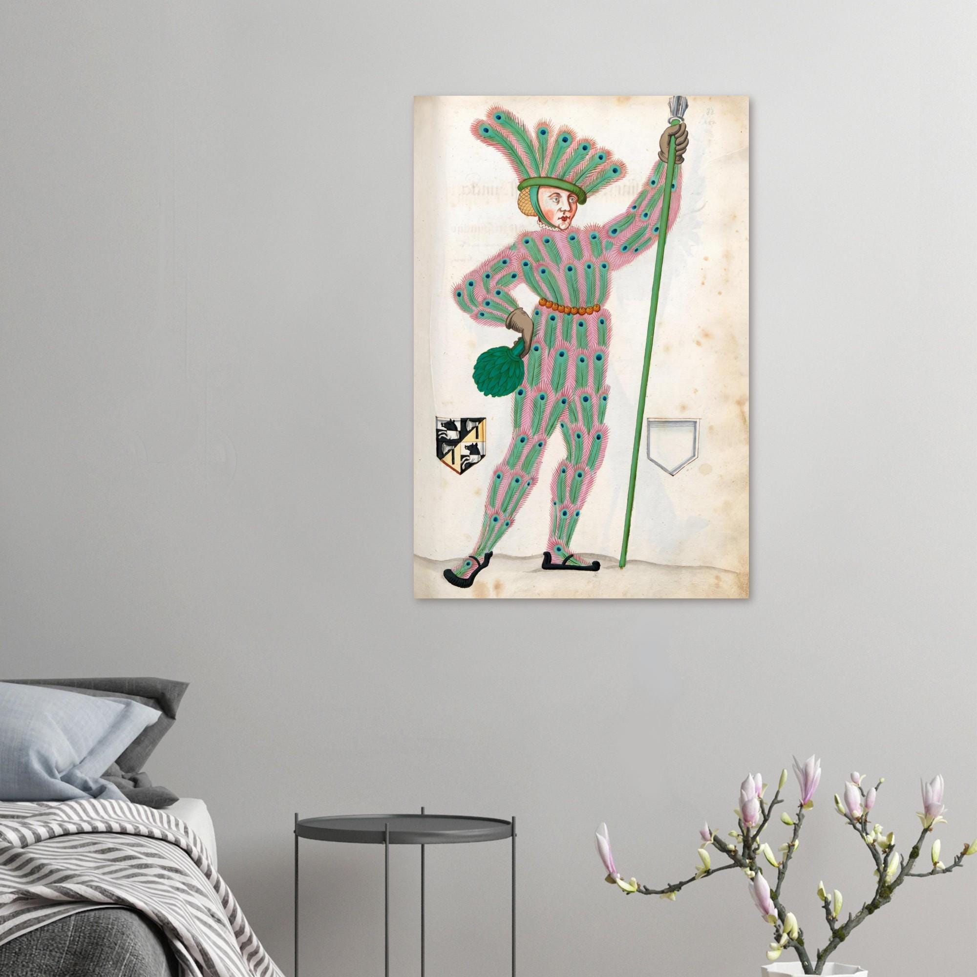 Medieval Peacock Man Wall Art Renaissance Manuscript Print Quirky Vintage Nuremberg Carnival Costume Eccentric Portraits & Figures