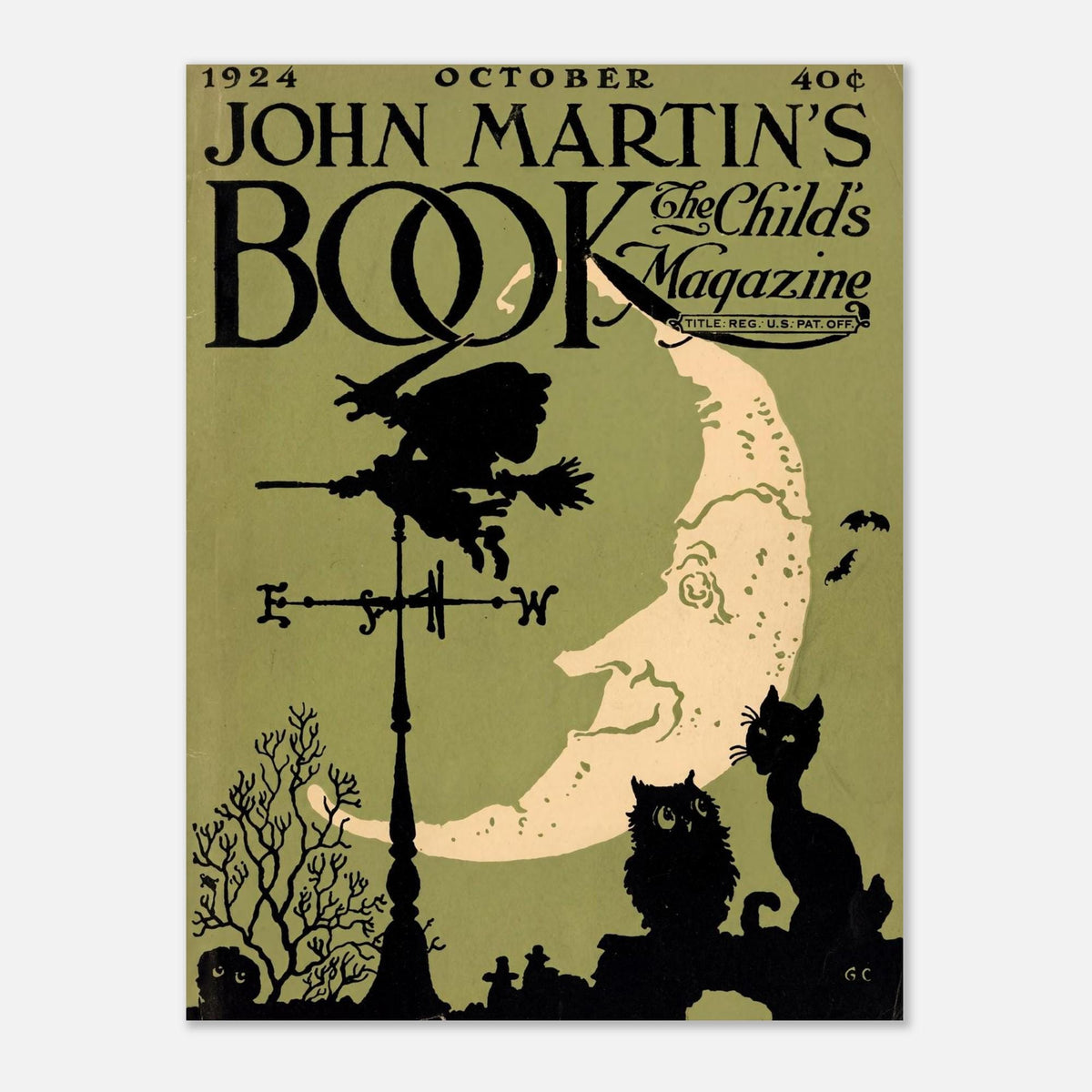 Vintage Halloween Poster 1924 Witch Moon Black Cat Wall Art Print Retro October Cover Illustration Antique Spooky Decor Gothic Oddities