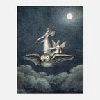 Vintage Fairy Riding Owl Art Print Celestial Moonlit Night Fairies Wall Art Victorian Dark Fantasy Poster Myth Symbolism