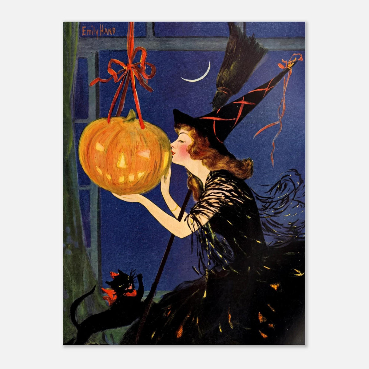 Vintage Halloween Witch Wall Art Print Antique Pumpkin Jack O Lantern Poster Black Cat Crescent Moon Dark Cottagecore Gothic Oddities