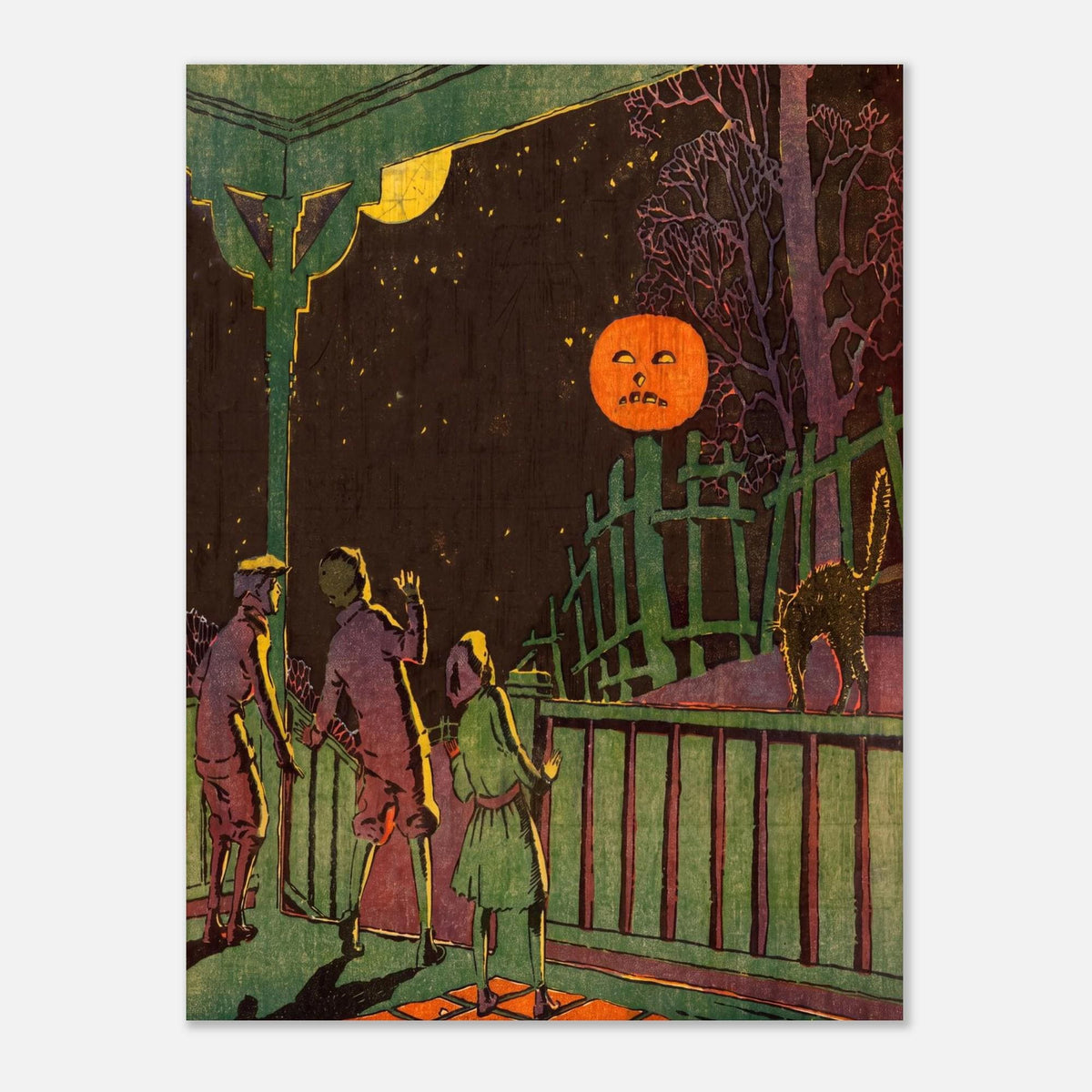 Vintage Halloween Wall Art Print Spooky Jack O Lantern Pumpkin Night Illustration Retro Spooky Nursery Decor Canvas Gothic Oddities