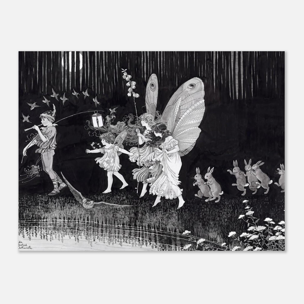 Vintage Fairy Art Print Antique Illustration Mythical Woodland Night Fairies Wall Decor Unframed Poster Dark Academia Myth Symbolism
