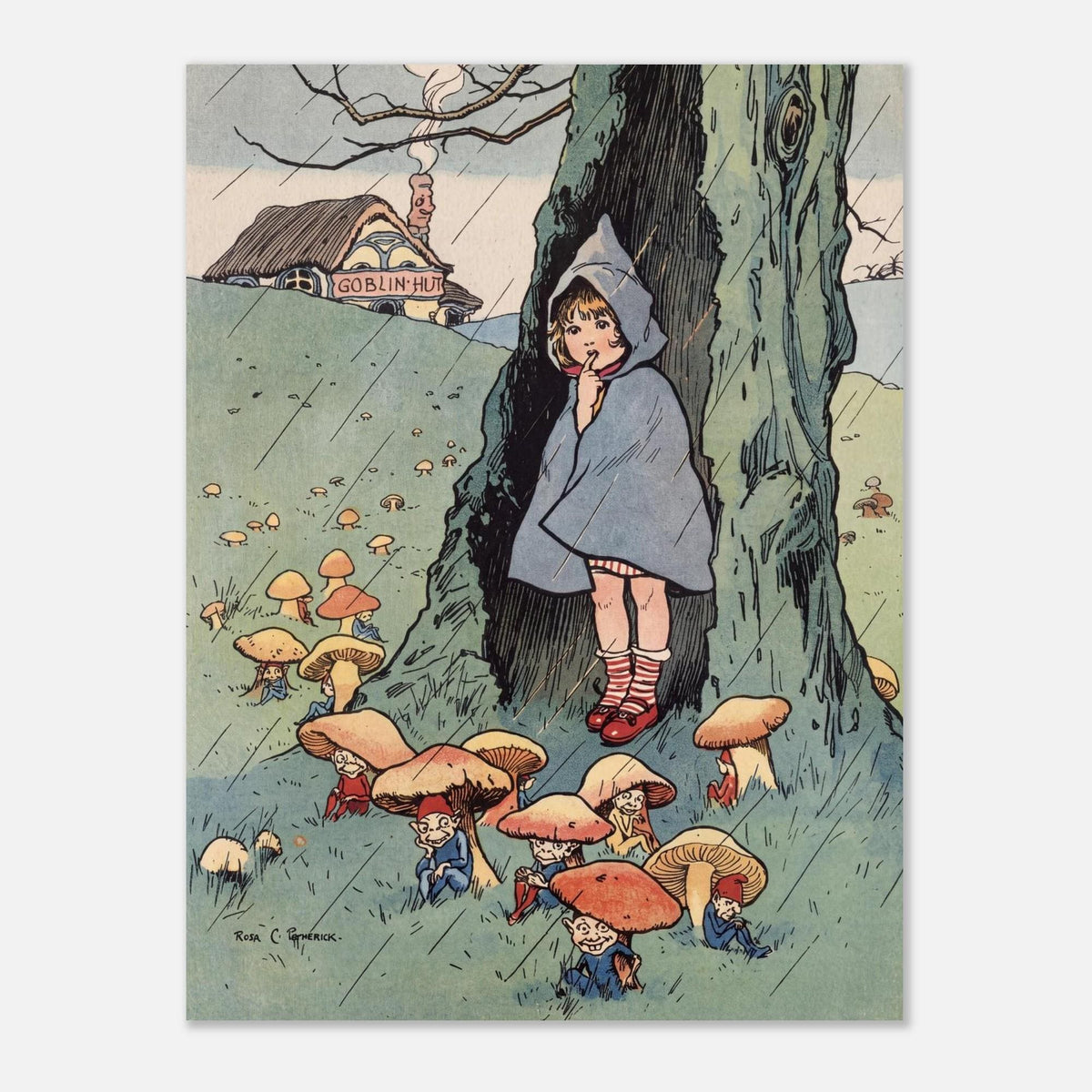 Vintage Goblin Fairy Art Print Nursery Rain Wall Decor Antique Mushroom Cottage Illustration Poster Cute Mythical Artwork Myth Symbolism