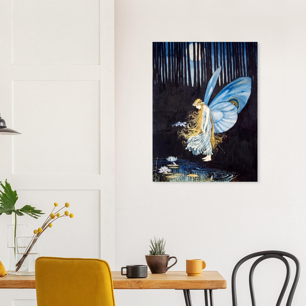 Vintage Fairy Art Print Blue Wings Moonlit Forest Poster Fantasy Woodland Wall Art Fairy Tale Illustration Myth Symbolism