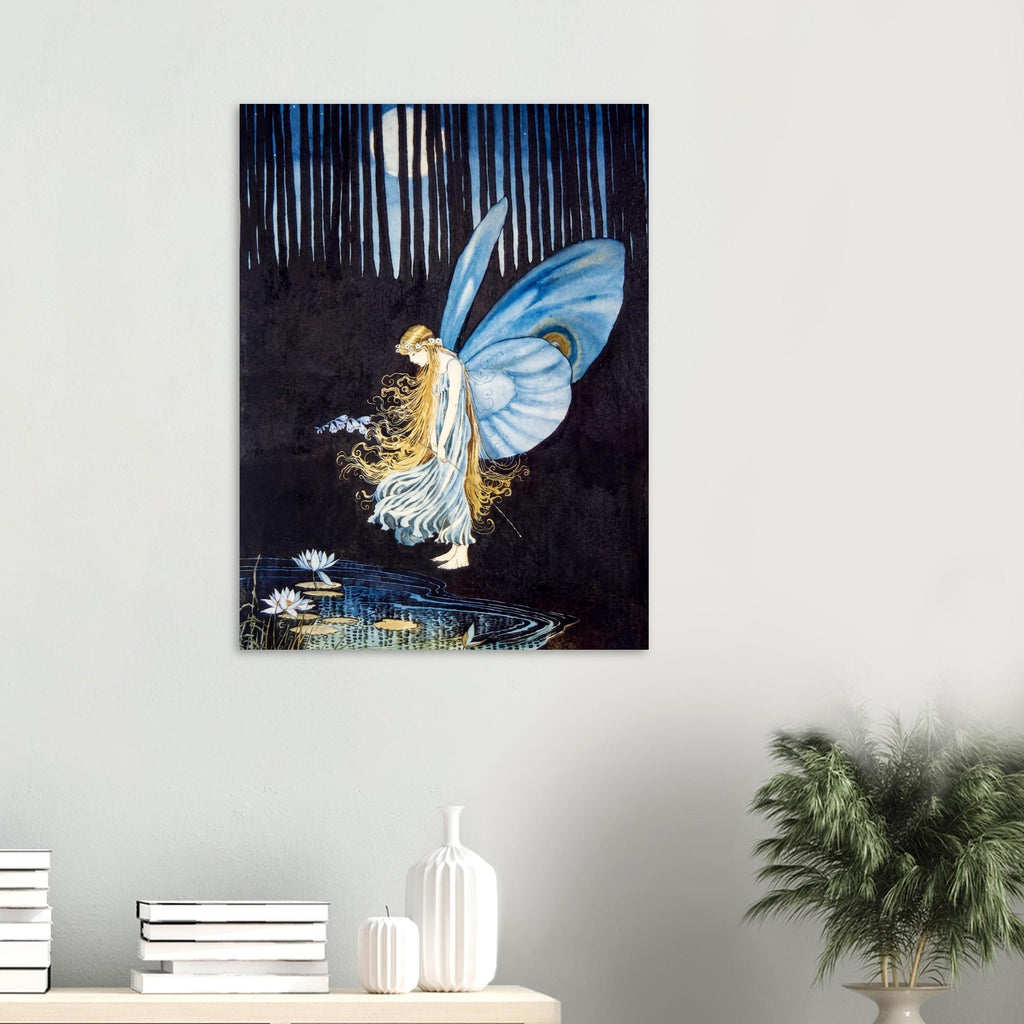 Vintage Fairy Art Print Blue Wings Moonlit Forest Poster Fantasy Woodland Wall Art Fairy Tale Illustration Myth Symbolism