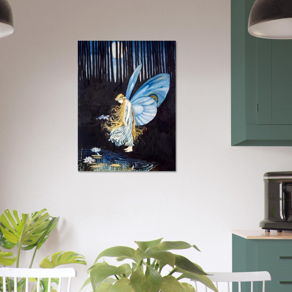 Vintage Fairy Art Print Blue Wings Moonlit Forest Poster Fantasy Woodland Wall Art Fairy Tale Illustration Myth Symbolism