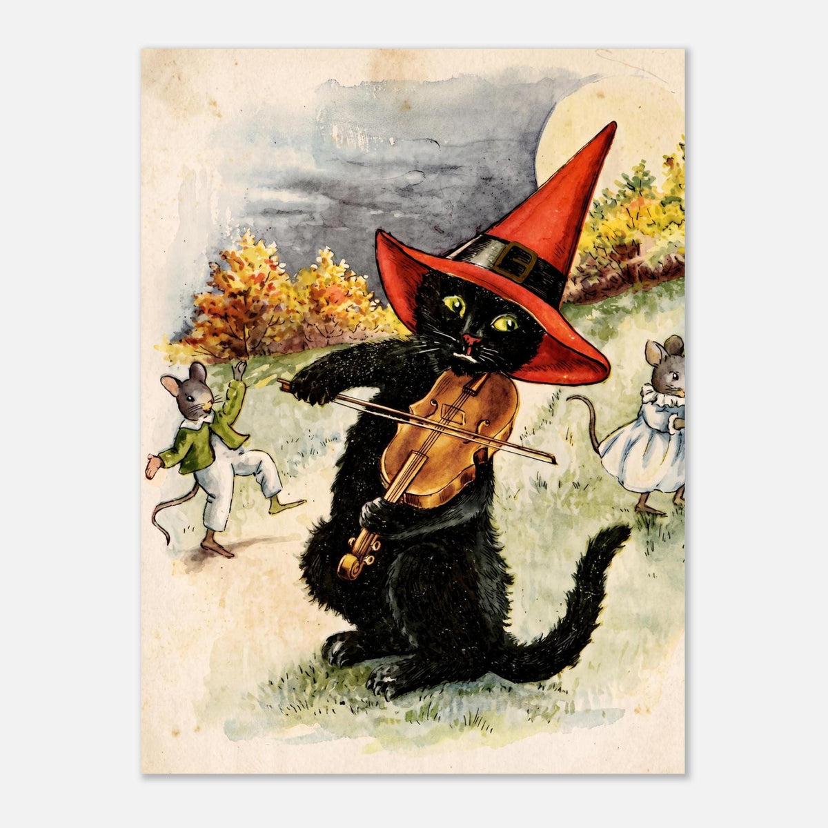 Vintage Black Cat Violin Print Whimsical Animal Illustration Antique Wall Art Decor Canvas Poster Giclee Folk Naive Art