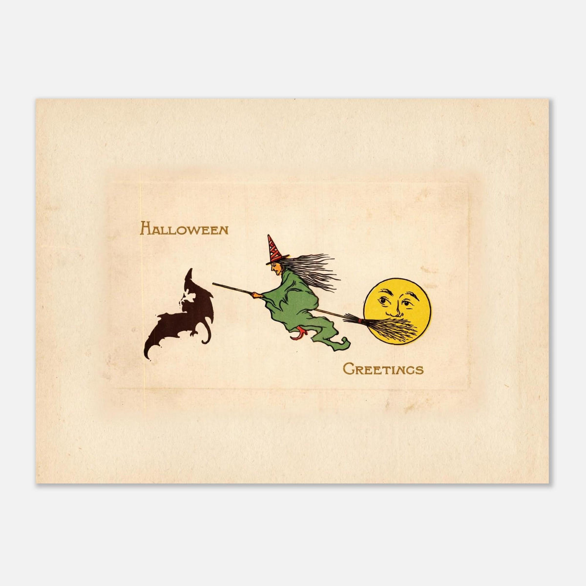 Vintage Halloween Witch Art Print Retro Spooky Moon Wall Decor Antique Holiday Ephemera Reproduction Canvas Gothic Oddities