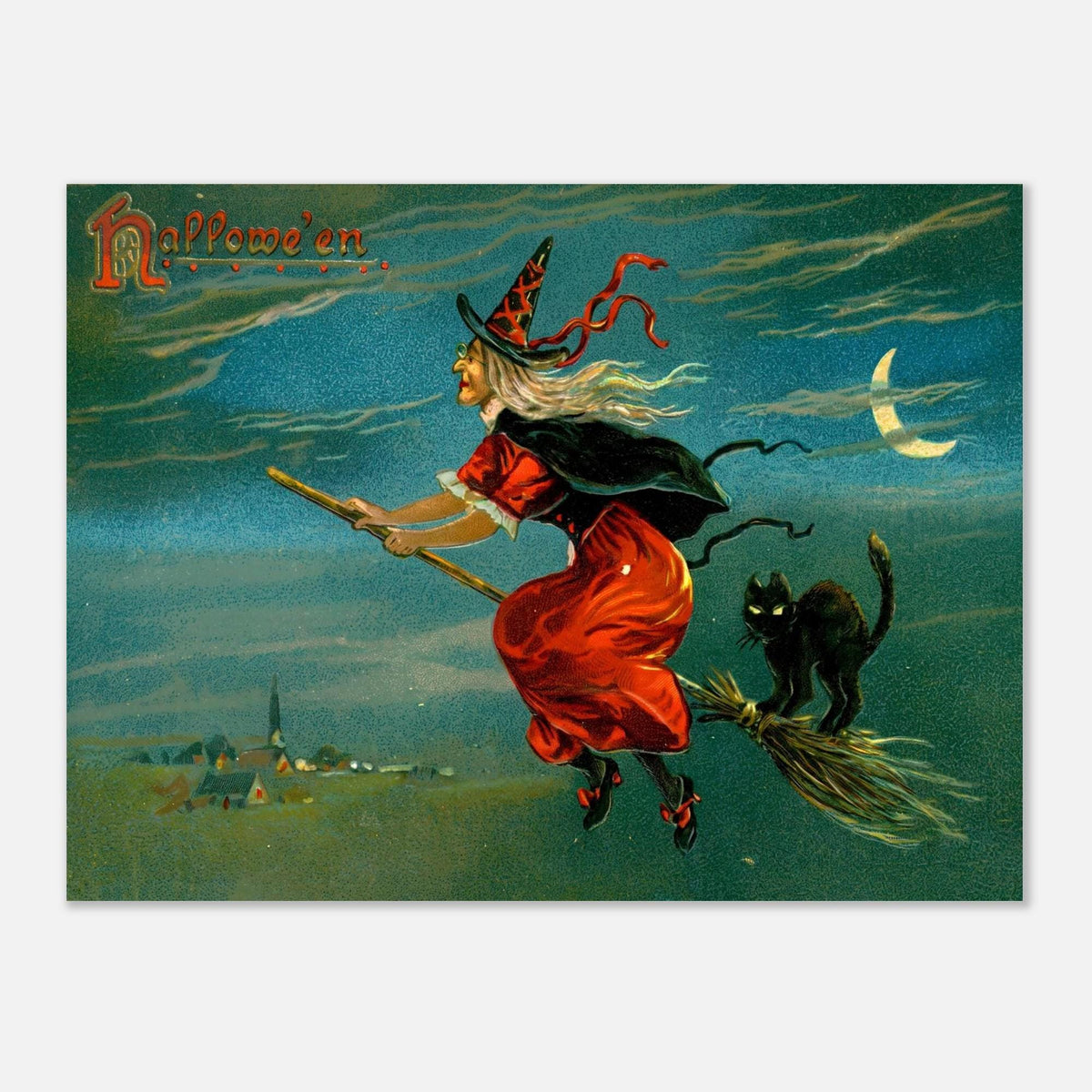 Vintage Halloween Witch Flying on Broom Poster Antique Spooky Black Cat Wall Art Print Retro Halloween Decor Gothic Oddities
