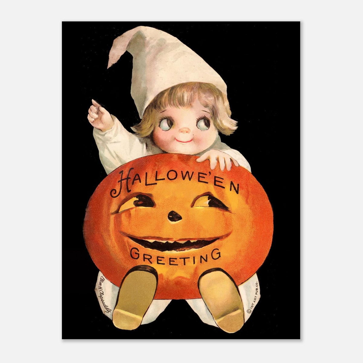 Vintage Halloween Postcard Print Cute Pumpkin Child Wall Art Antique Spooky Nursery Decor Retro Poster Illustration Golden Age Art