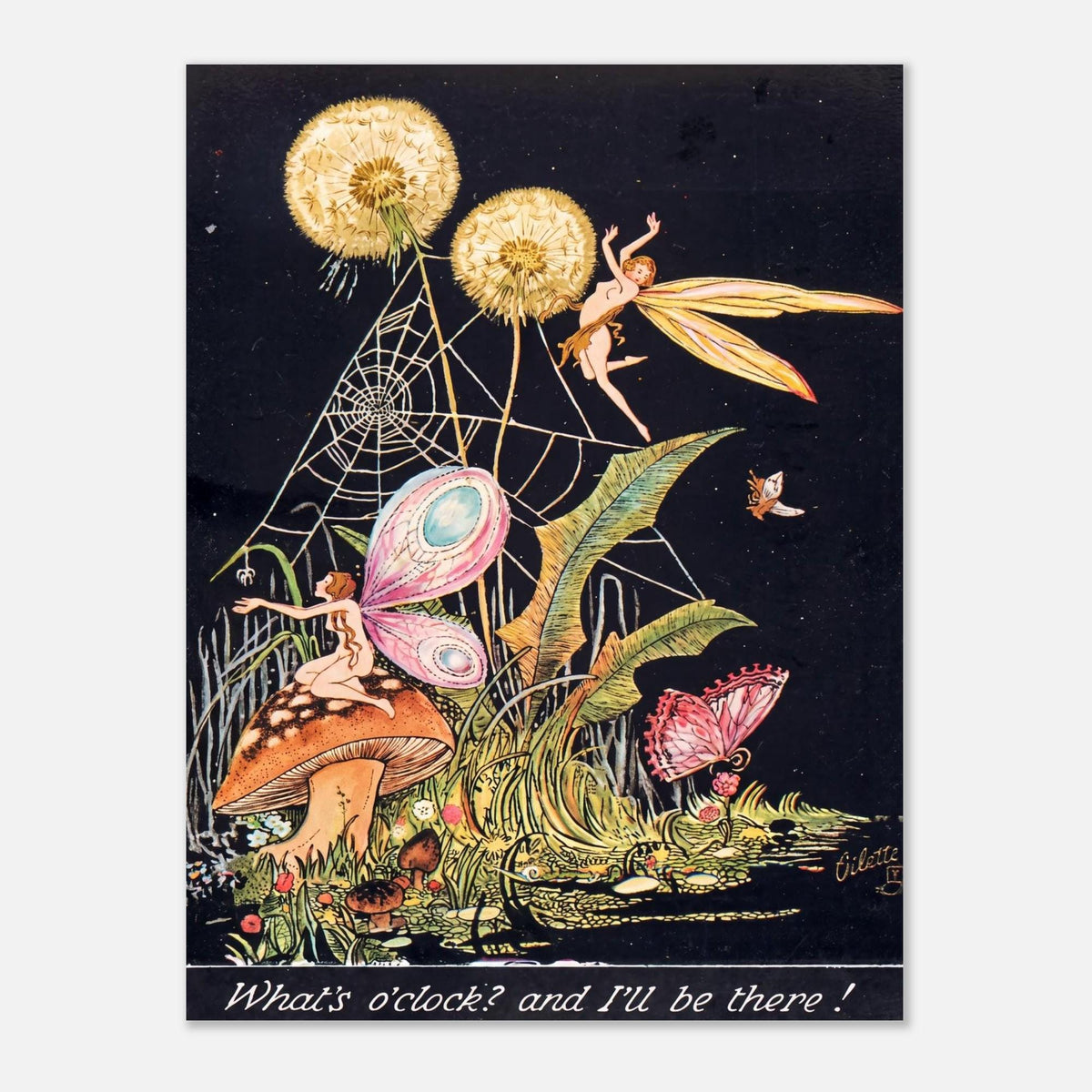 Vintage Fairy Art Print Antique Dandelion Fairy Illustration Dark Whimsical Botanical Wall Decor Cottagecore Poster Golden Age Art