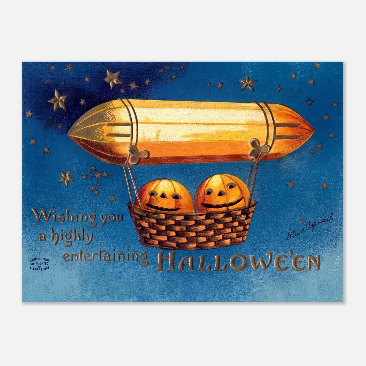 Vintage Halloween Zeppelin Art Print Jack O Lantern Pumpkin Airship Poster Antique Spooky Wall Decor Ellen Clapsaddle Golden Age Art