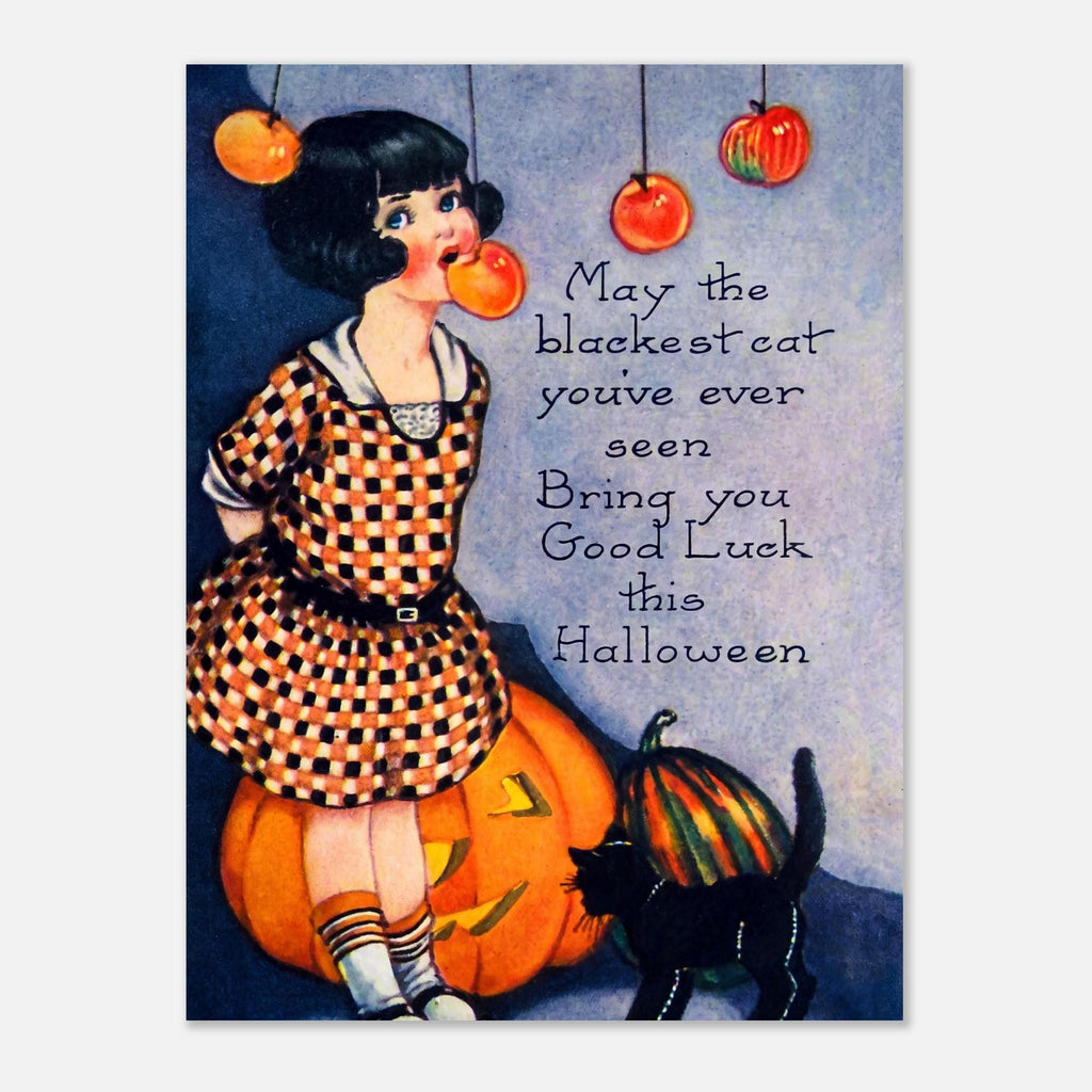 Vintage Halloween Poster Black Cat Bobbing Apples Pumpkin Card Print Antique Halloween Wall Art Retro Holiday Poster Vintage Cat Art