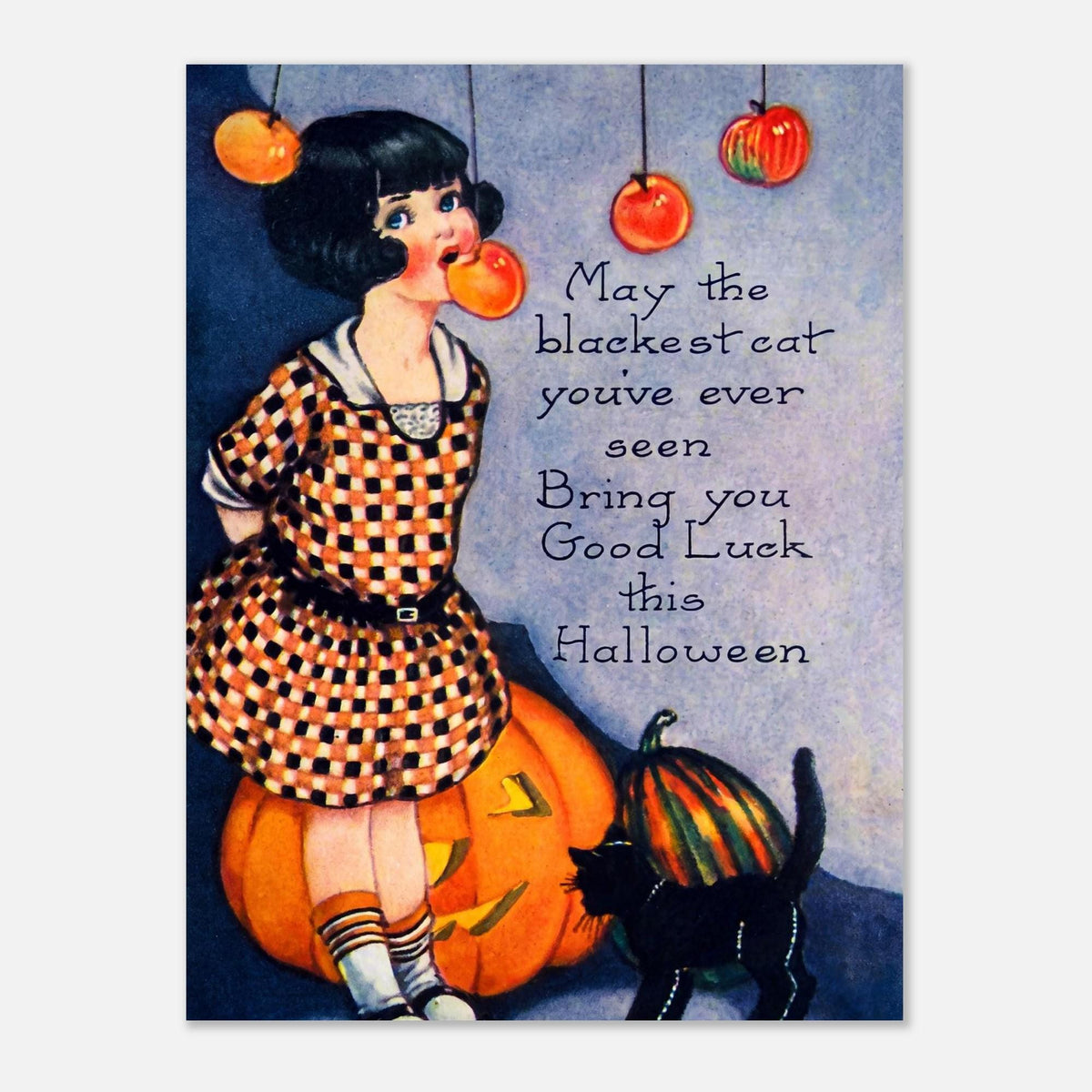 Vintage Halloween Poster Black Cat Bobbing Apples Pumpkin Card Print Antique Halloween Wall Art Retro Holiday Poster Vintage Cat Art