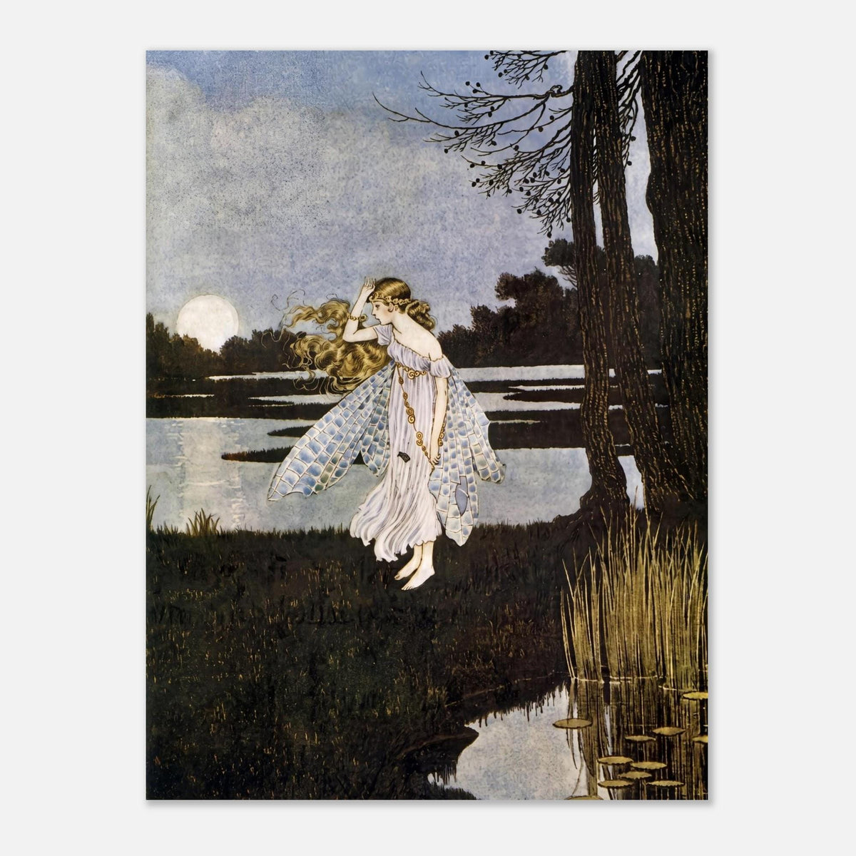 Vintage Fairy Moonlight Illustration Fine Art Print Antique Fantasy Fairy Tale Poster Cottagecore Wall Decor Unframed Art Golden Age Art