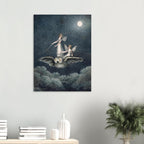Vintage Fairy Riding Owl Art Print Celestial Moonlit Night Fairies Wall Art Victorian Dark Fantasy Poster Myth Symbolism